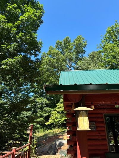 Green metal residential roofing on top of a log cabin looking home. residential roofing services Skyline Contracting in Gainesville, GA