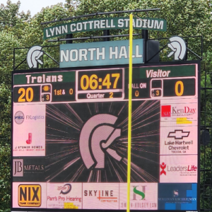 A scoreboard of Jr Football game sponsored by Skyline Contracting in Gainesville